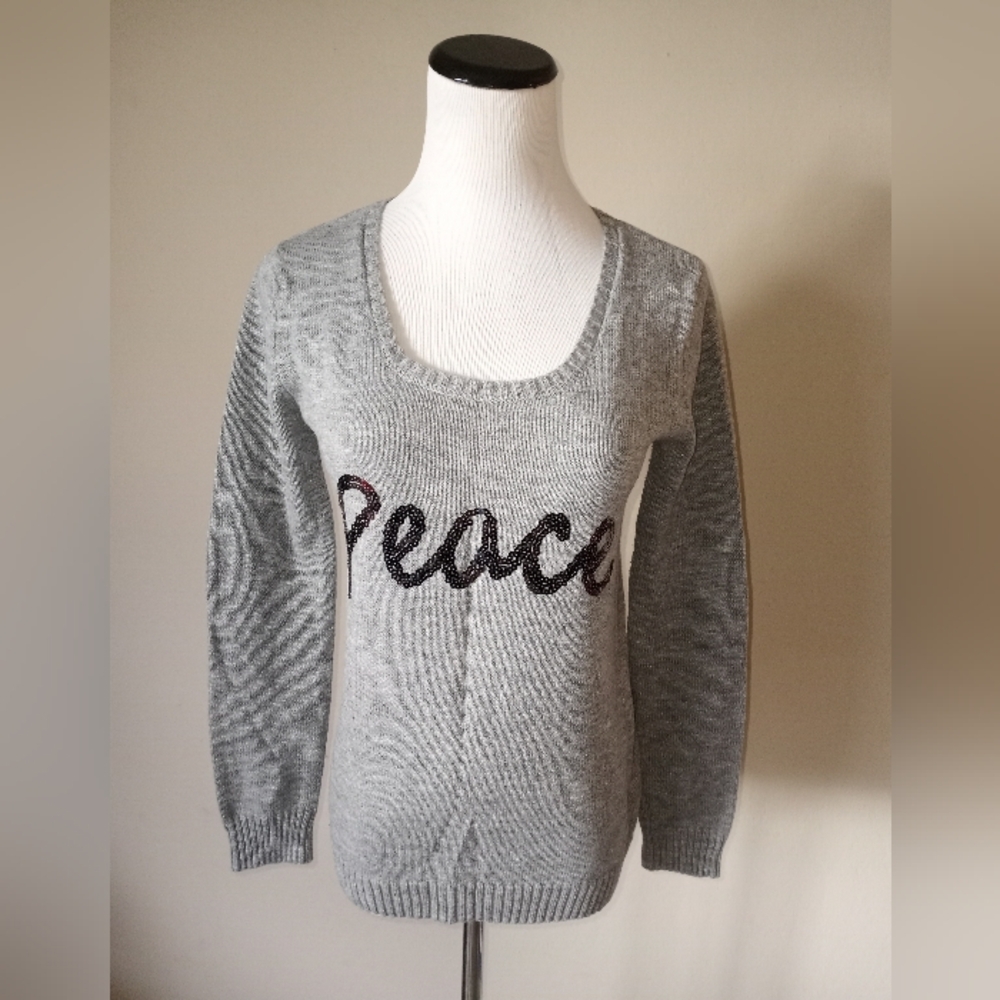 Sequin 'Peace' Scoop Neck Sweater - Gray
